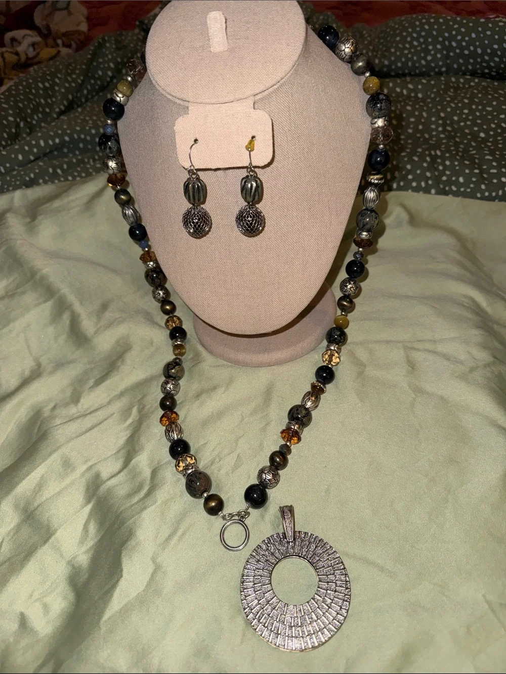 Premier Beaded Necklace and Drop Earrings in Black, Amber, Olive and Silver
